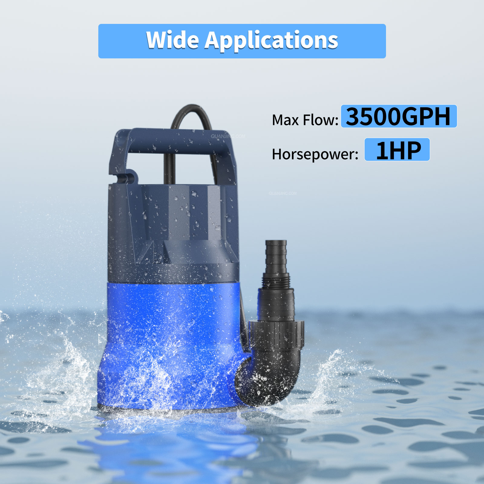 Sump Pump Submersible 1HP 3500GPH Water Draining Pump Thermoplastic Electric Portable Utility Pump for Pool Basement Garden Pond with 16FT Power Cord - Image 2