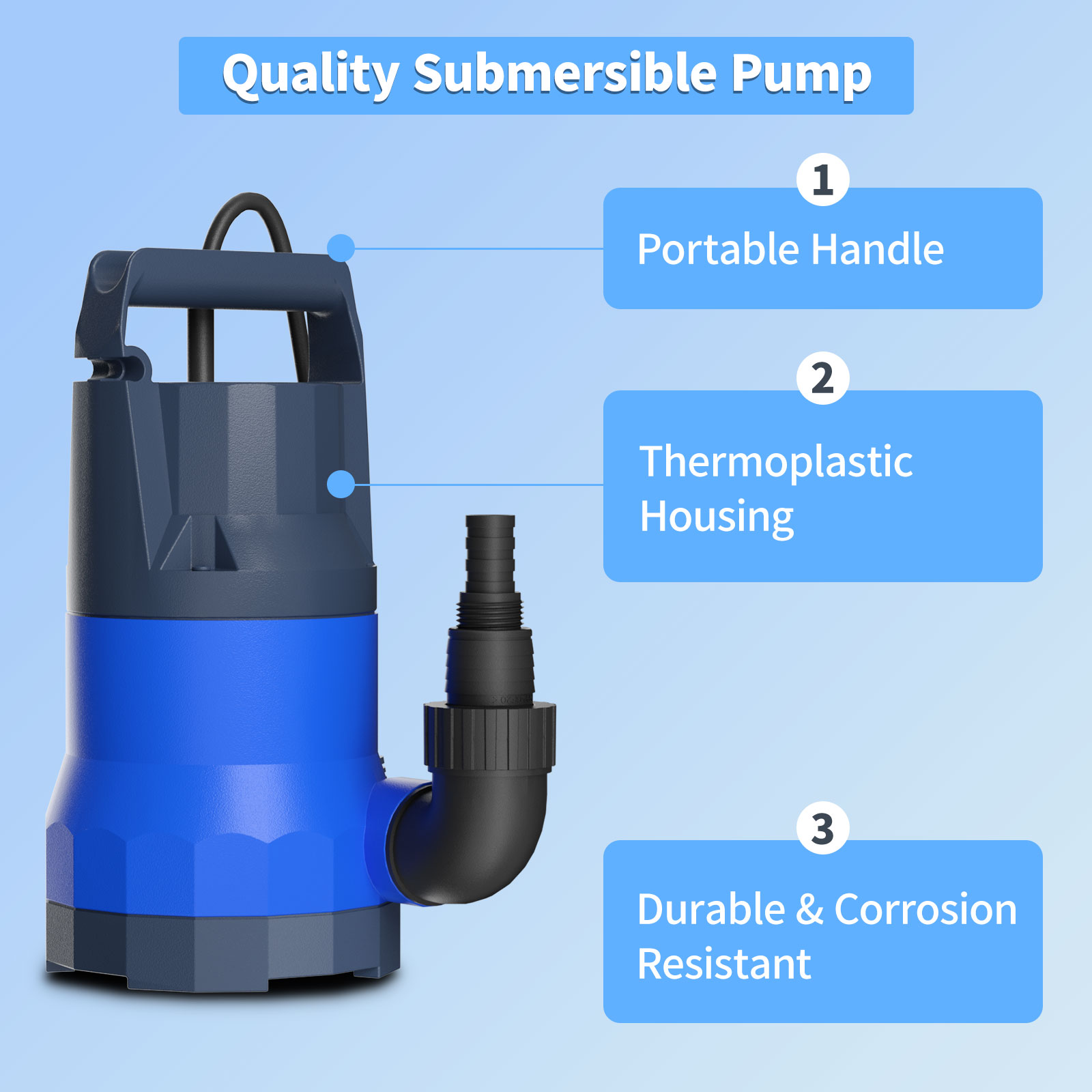 Sump Pump Submersible 1HP 3500GPH Water Draining Pump Thermoplastic Electric Portable Utility Pump for Pool Basement Garden Pond with 16FT Power Cord - Image 4