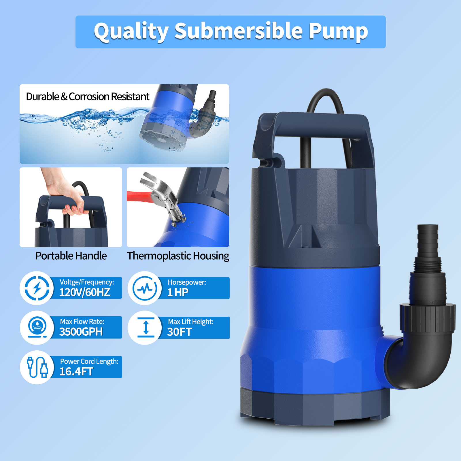 Sump Pump Submersible 1HP 3500GPH Water Draining Pump Thermoplastic Electric Portable Utility Pump for Pool Basement Garden Pond with 16FT Power Cord - Image 7
